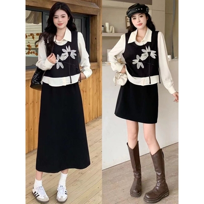 大码胖mm假两件长袖衬衫上衣+高腰半身裙两件套春季穿搭一整套女