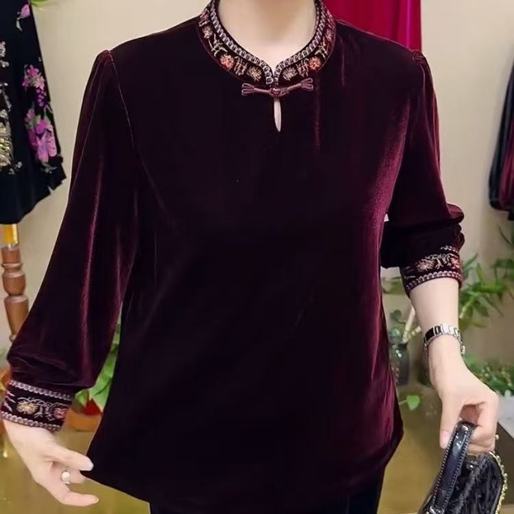 中式新款刺绣立领小衫中老年遮肚显上衣金丝绒打底洋气妈妈气质
