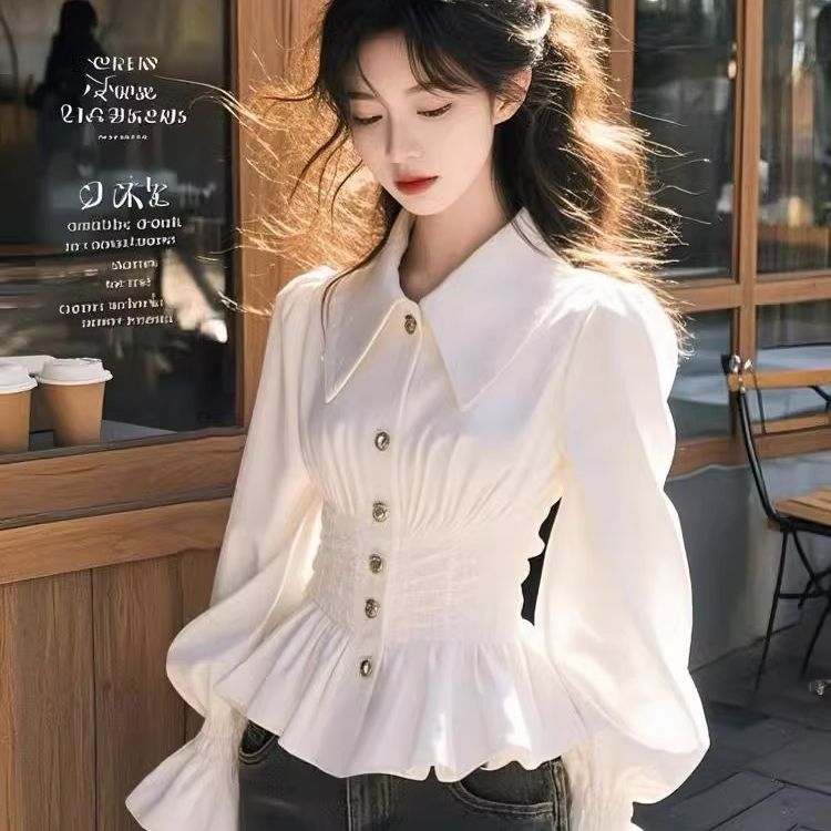 甜美温柔风白色高级感长袖衬衫女装春秋法式收腰显瘦时尚洋气上衣