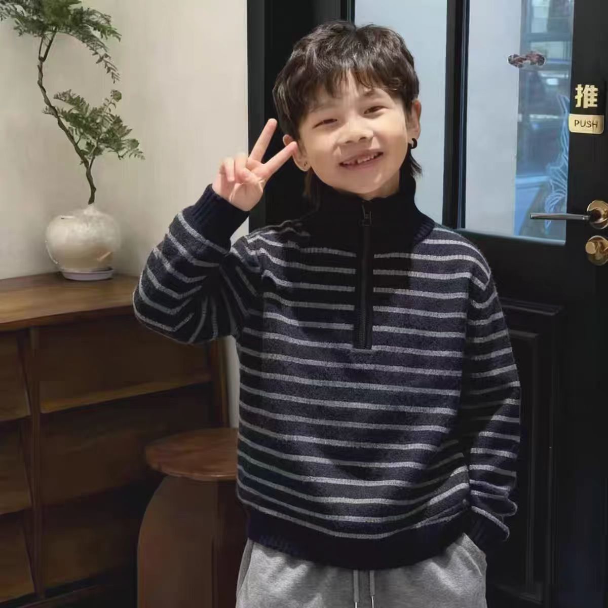 冒冒童男童条纹半拉链毛衣针织衫