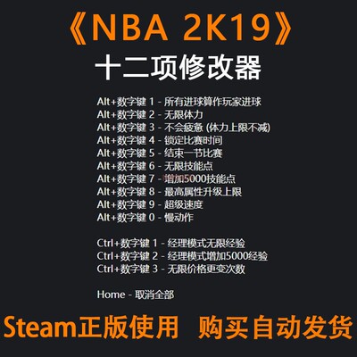 NBA2K19修改器辅+助游戏steam正版辅+助工具不含游戏