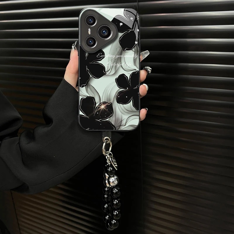 水墨花钛灰色电镀玻璃壳适用华为pura70手机壳新款简约p60/p50外壳全包防摔手链轻奢pura80Pro国潮保护套女款