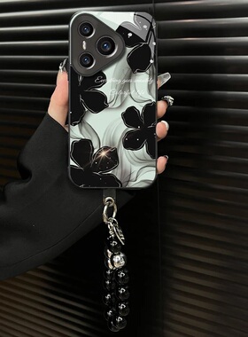 水墨花钛灰色电镀玻璃壳适用华为pura70手机壳新款简约p60/p50外壳全包防摔手链轻奢pura80Pro国潮保护套女款