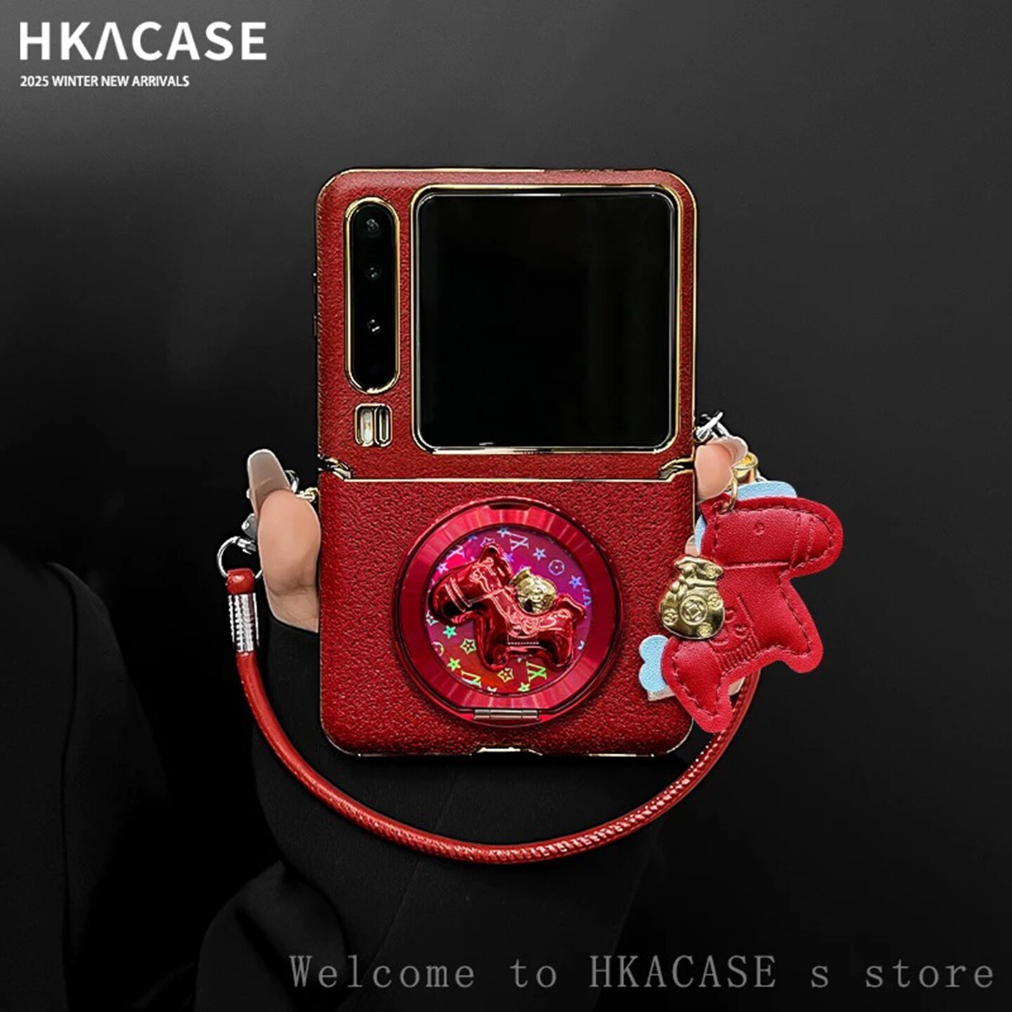 2026红色新年款折叠壳适用华为purax手机壳新款简约pocket2外壳中轴保护小马支架手绳p50pocket手机套女款