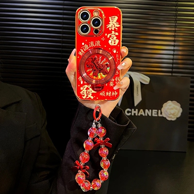 暴富电镀硅胶壳适用苹果15Pro手机壳新款简约高颜值iPhone16/17外壳小众时尚小马旋转支架带手绳手机套女款