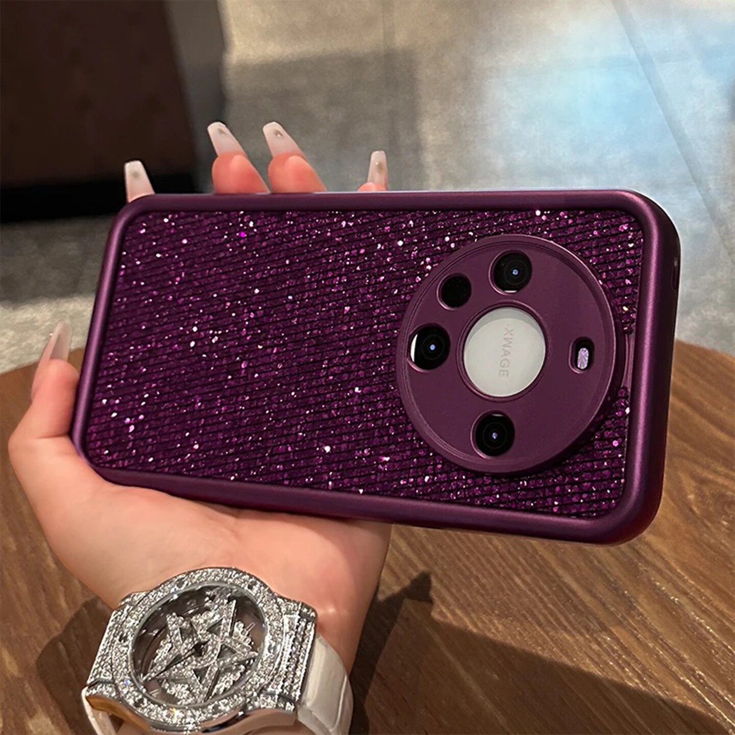 紫色闪钻亮片壳适用华为mate60手机壳新款简约高级pura70pro外壳硅胶防摔网红爆款支架mate60pro保护套女款