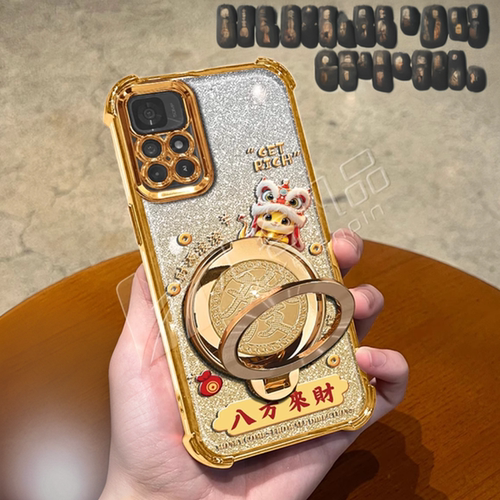 马年八方来财适用红米note11手机壳新款金色电镀四角防摔note14防摔气囊發字旋转解压支架note15手机套女款