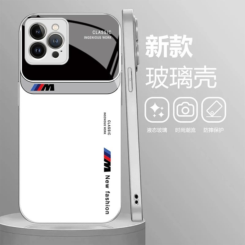 英文宝马玻璃壳适用苹果13promax手机壳新款简约商务iPhone16/15/14外壳防摔全包创意小众不撞壳手机套男款