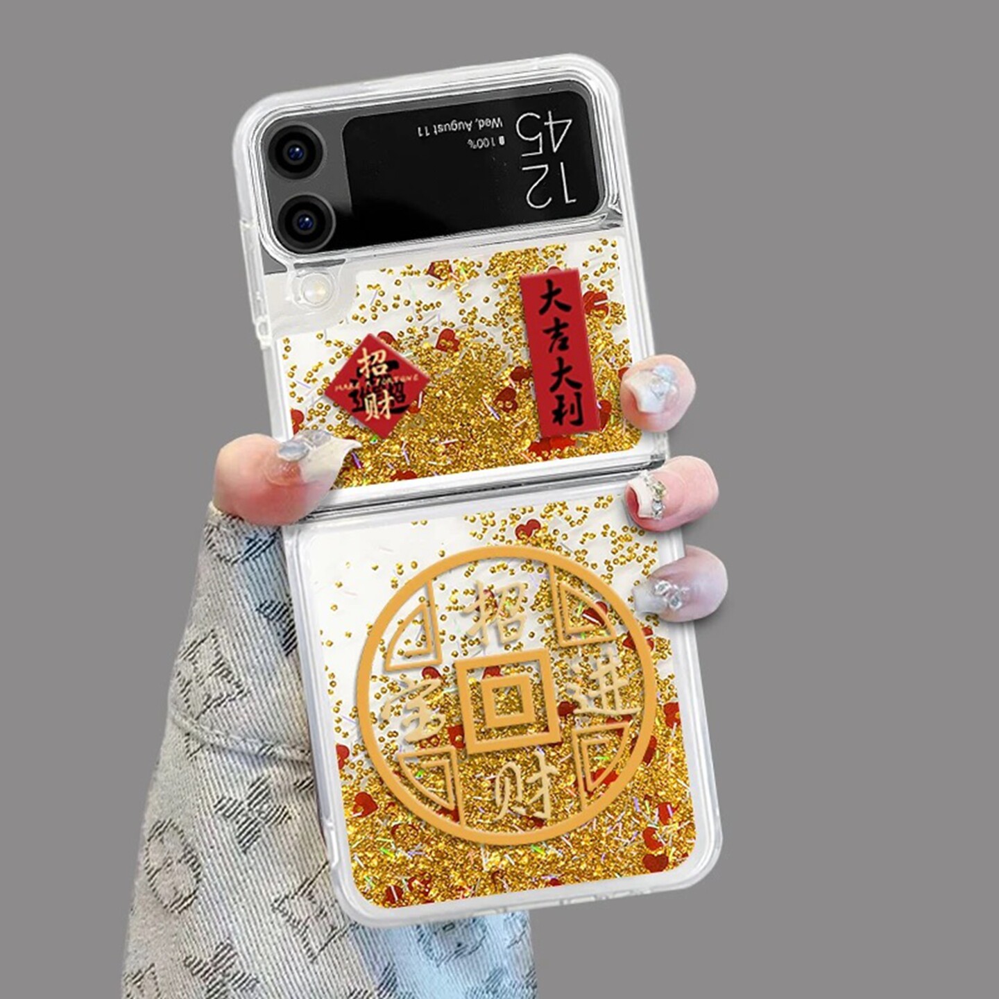 招财进宝折叠金色流沙壳适用三星zflip3手机壳新款简约高级三星zflip4外壳硅胶防摔三星zflip7透明保护套女款