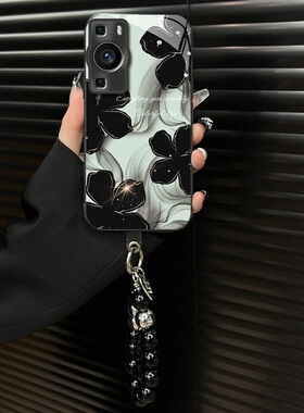 水墨花钛灰色电镀玻璃壳适用华为p60手机壳新款简约p50/p40外壳全包防摔手链轻奢中国风pura70Pro保护套女款