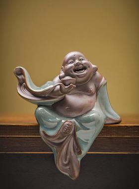 创意大肚陶瓷弥勒佛人物大肚笑佛禅意客厅玄关中式家居根雕小摆件