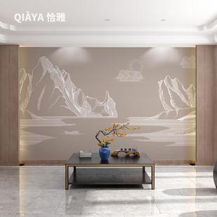 现代简约水墨线条山水轻奢客厅沙发电视背景墙壁纸中国风墙布壁画