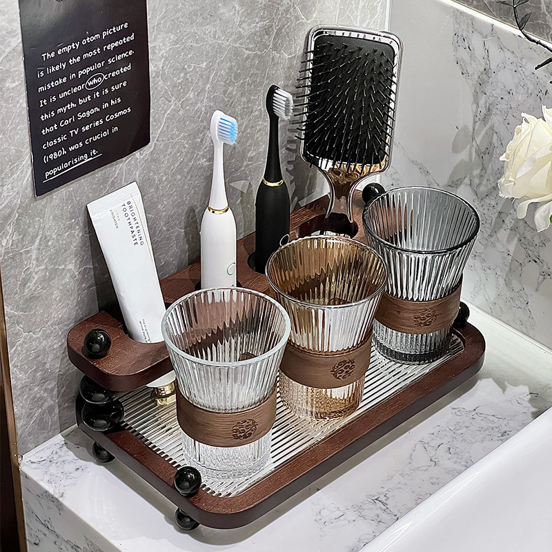 致范中古风陶瓷漱口杯牙刷置物架浴室洗漱台刷牙杯牙膏三人收纳层