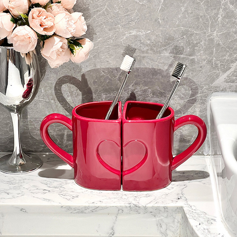 致范结婚洗漱杯牙刷杯子陶瓷牙杯陪嫁套装红色漱口杯一对新婚礼物