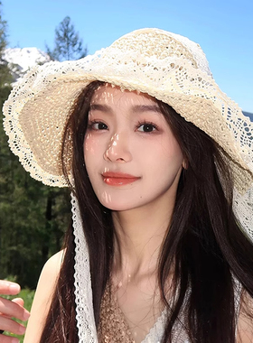蕾丝系带草帽子女款2025新款夏海边沙滩度假遮阳帽防紫外线太阳帽