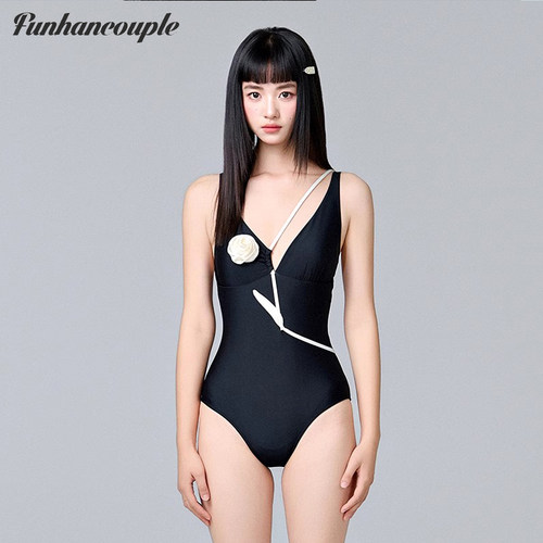 Funhancouple泳衣女高级感泡温泉连体遮肚显瘦性感海边度假比基尼