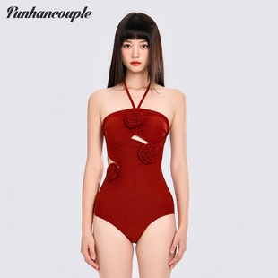 Funhancouple连体泳衣女2026新款立体花朵温泉挂脖小胸比基尼绝美