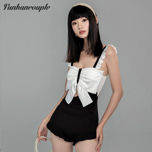 Funhancouple黑白简约ins纯欲风吊带连体泳衣女保守显瘦遮肚泳装