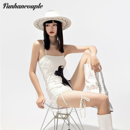 Funhancouple2026新款黑白纯欲风性感绑带连体三角游泳衣女温泉