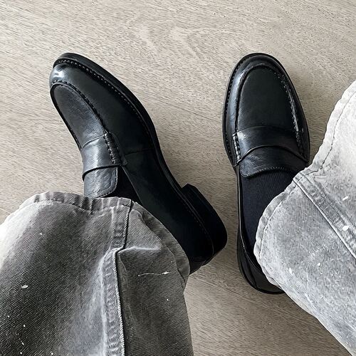 NO LOGO【首发一开】头层牛皮一脚蹬乐福鞋真皮老钱风德比尖头皮