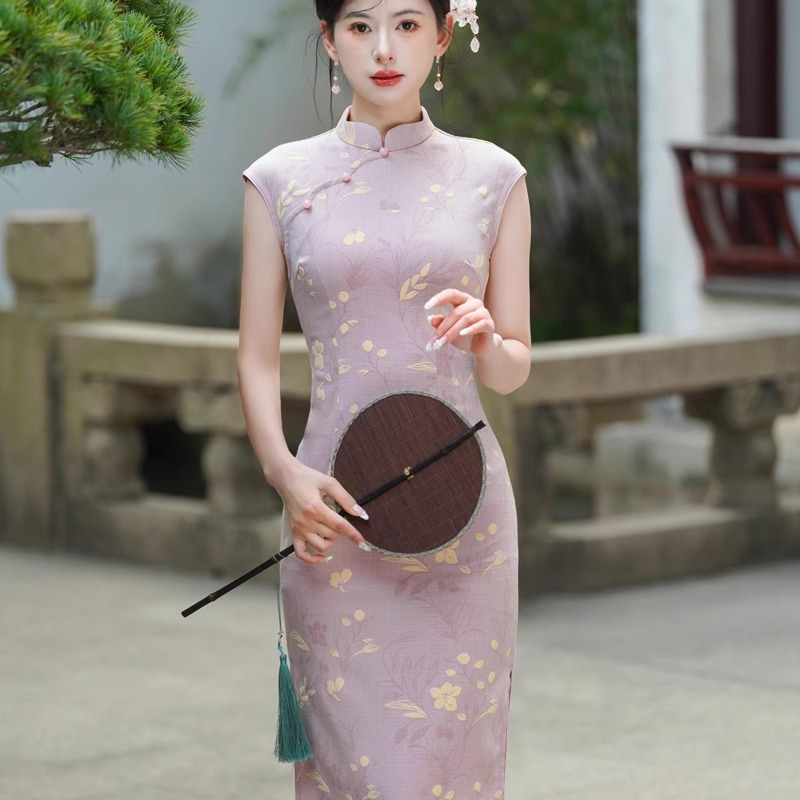 吾伴你新中式粉紫色改良旗袍2025新款夏季女气质送考中高考小个子