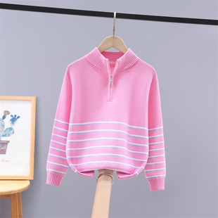 女童毛衣半高领纯棉秋冬新款条纹半拉链上衣中大童立领加绒针织衫