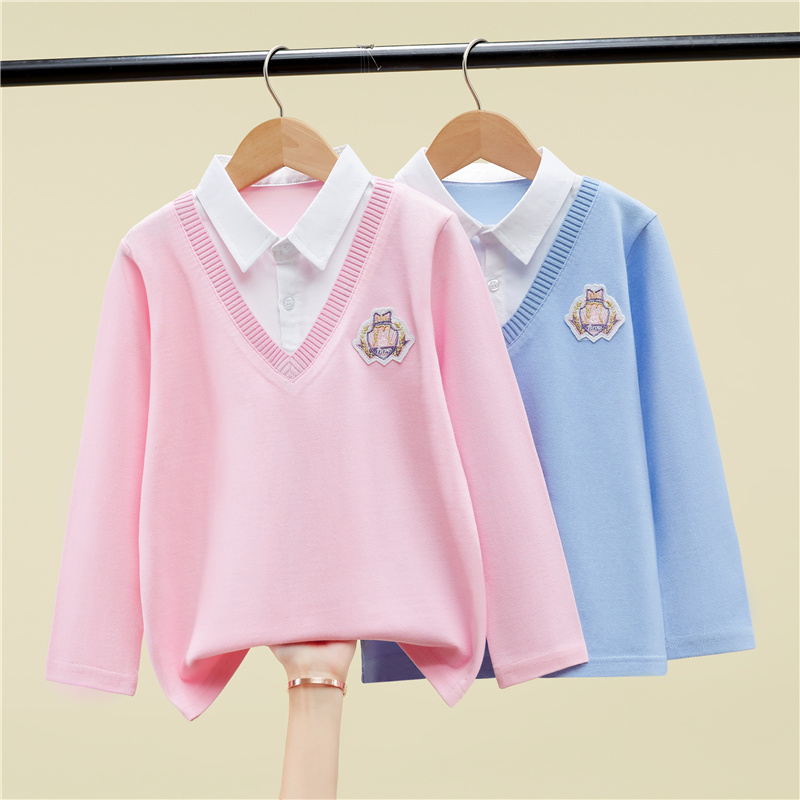 女童t恤长袖纯棉女孩polo衫假两件T恤儿童衬衫翻领打底衫中大童