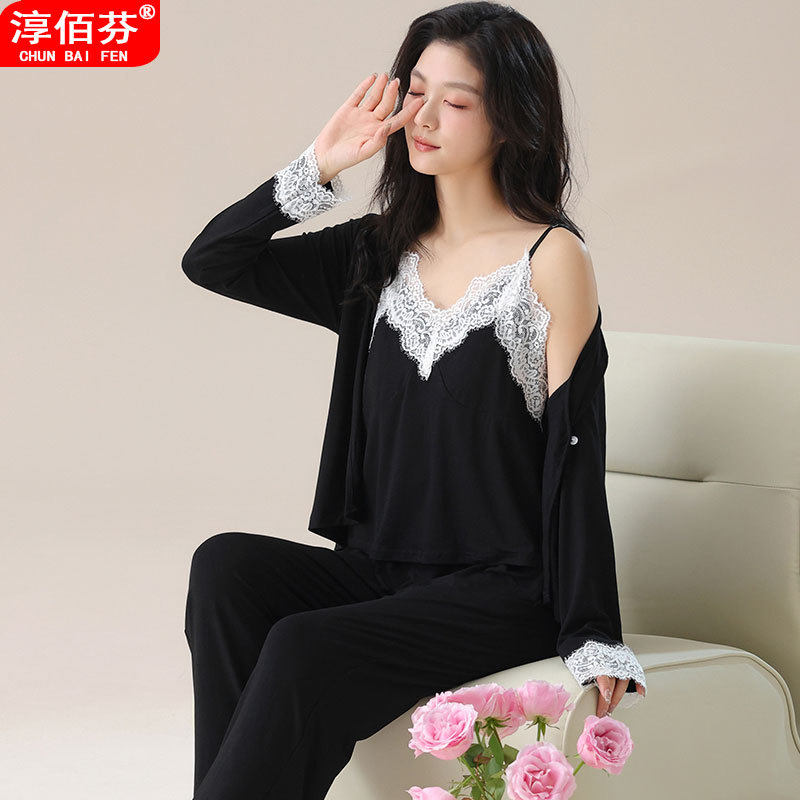 莫代尔睡衣女款春秋季2025年新款蕾丝花边吊带长袖三件套装家居服