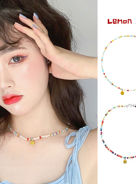 周雨彤万鹏同款原创设计感彩色串珠笑脸项链小项圈新款可爱锁骨女
