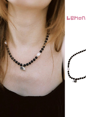 Lemon 手作黑色沙滩玉石黑玛瑙串珠海螺项链天然淡水珍珠锁骨链女