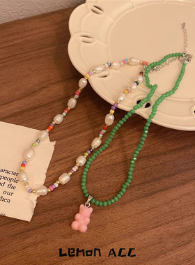 淡水珍珠彩色串珠项链女叠戴小熊吊坠可爱甜酷小众设计卫衣链配饰