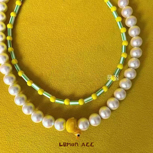 Lemon 卡通甜美可爱黄色小鸭瓢虫珍珠叠戴珍珠项链 韩国HELDER同款