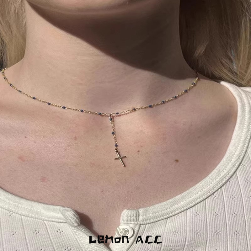 bm风项链女新款蓝色串珠小十字架吊坠锁骨链叠戴百搭气质项链