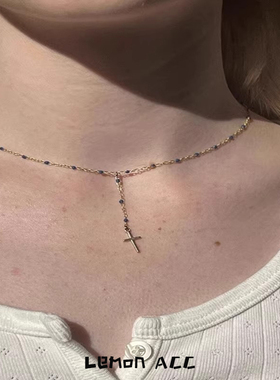 bm风项链女新款蓝色串珠小十字架吊坠锁骨链叠戴百搭气质项链