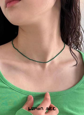 超细一条气质韩国设计师同款祖母绿色水晶气质小众水晶叠带项链