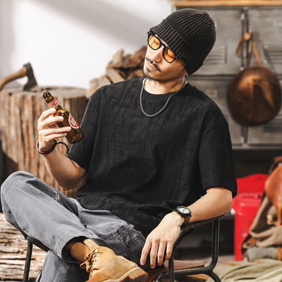 美式复古肌理感提花短袖T恤男