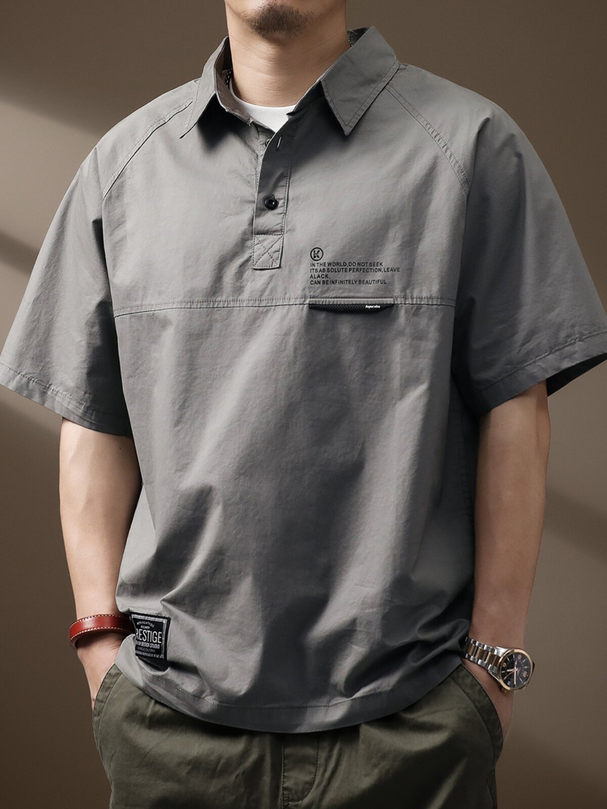 高端美式复古工装Polo衫男夏季宽松衬衣男士纯棉休闲衬衫短袖t恤