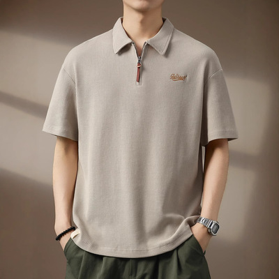 高端美式复古华夫格绣花Polo衫男