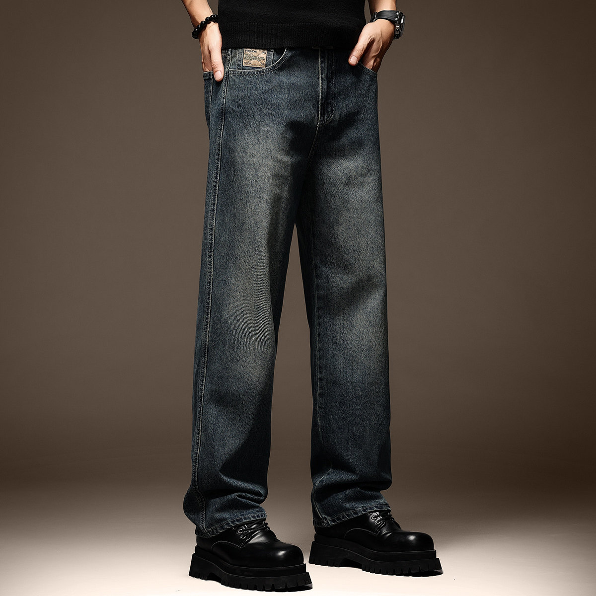 高端美式复古蓝色牛仔裤男潮牌休闲秋季加绒阔腿宽松直筒大码裤子