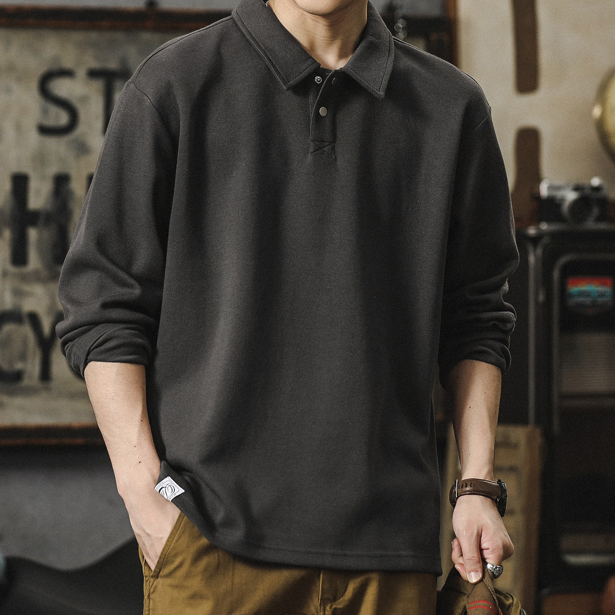 长袖polo衫男士高级感美式纯色打底衫t恤宽松大码衬衣领翻领卫衣