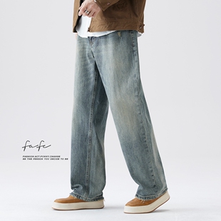 FAFC水洗纯棉牛仔裤男款2024春夏季美式潮流宽松休闲直筒阔腿长裤