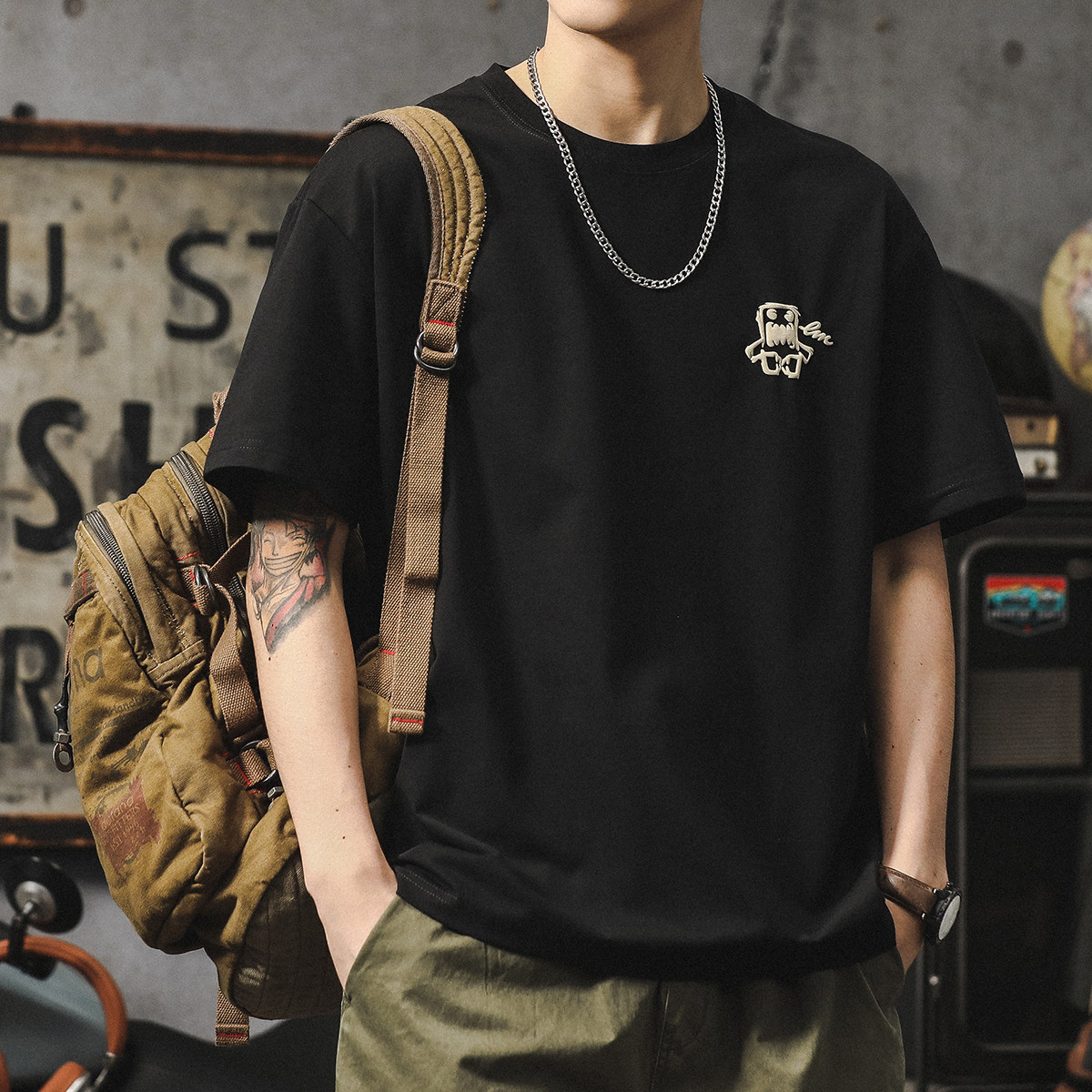 日系短袖男夏季重磅宽松大码凉感冰丝t恤百搭圆领半袖印花体恤潮