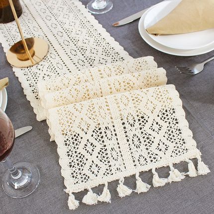 Beige Crochet Lace Table Runner with Tassel Cotton Wedding D