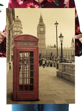 London Red Telephone Booth Kraft Paper Poster Livingroom Bed