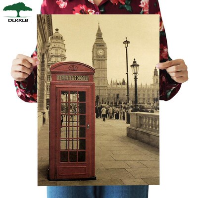 London Red Telephone Booth Kraft Paper Poster Livingroom Bed