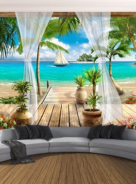 Custom Mural Wallpaper Modern 3D Balcony Sea View Background