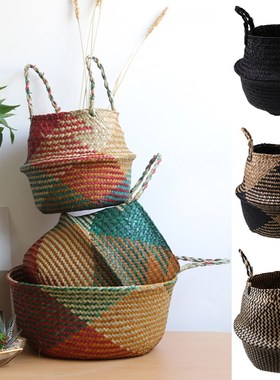 WHISM Foldable Handmade basket Seagrass Belly Rattan Storag