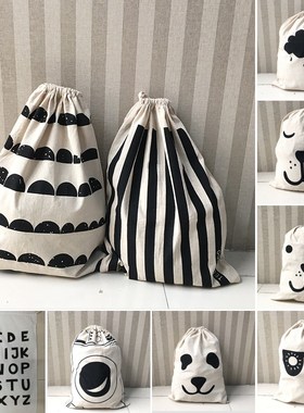 Striped Animal Pattern Cotton Laundry Bag Large Drawstring