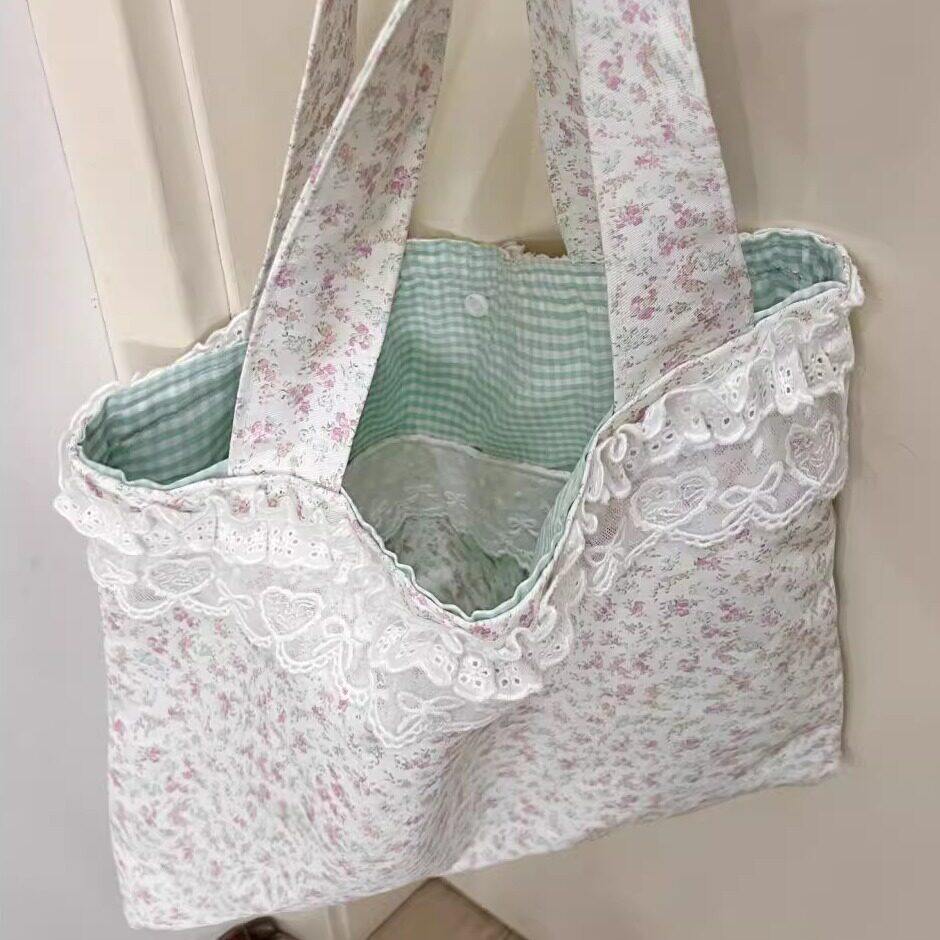 出去玩背的包碎花帆布包学生党大容量百搭韩系单肩包蕾丝手提包女