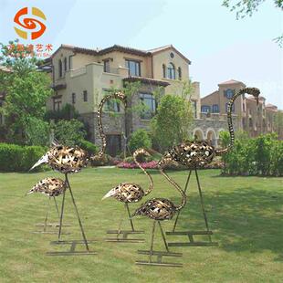 厂家纯手工不锈钢编织仿铜火烈鸟公园庭院草坪别墅落地摆件雕塑